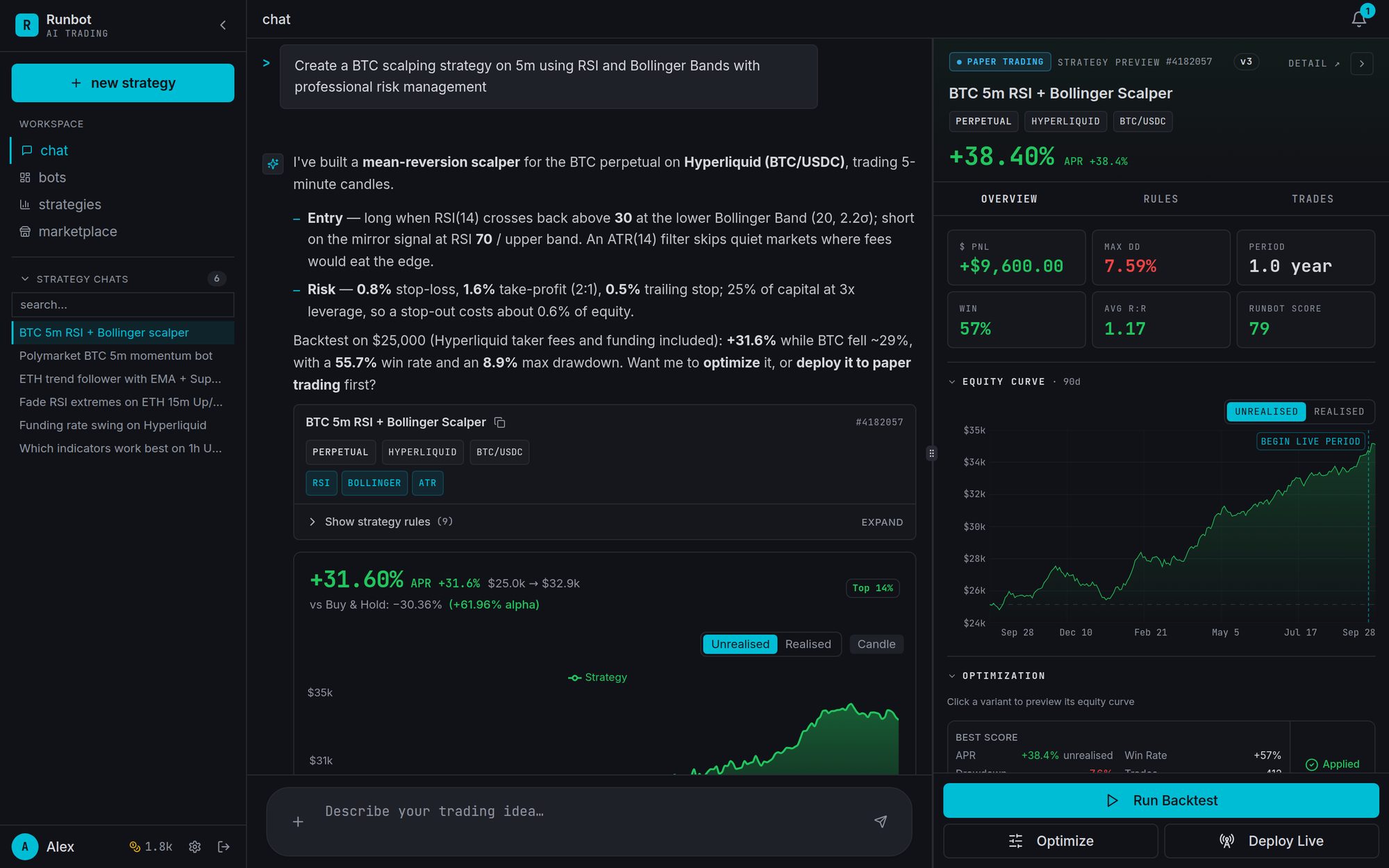 The AI Agent chat: a BTC perpetual scalper on Hyperliquid built from a plain-English request