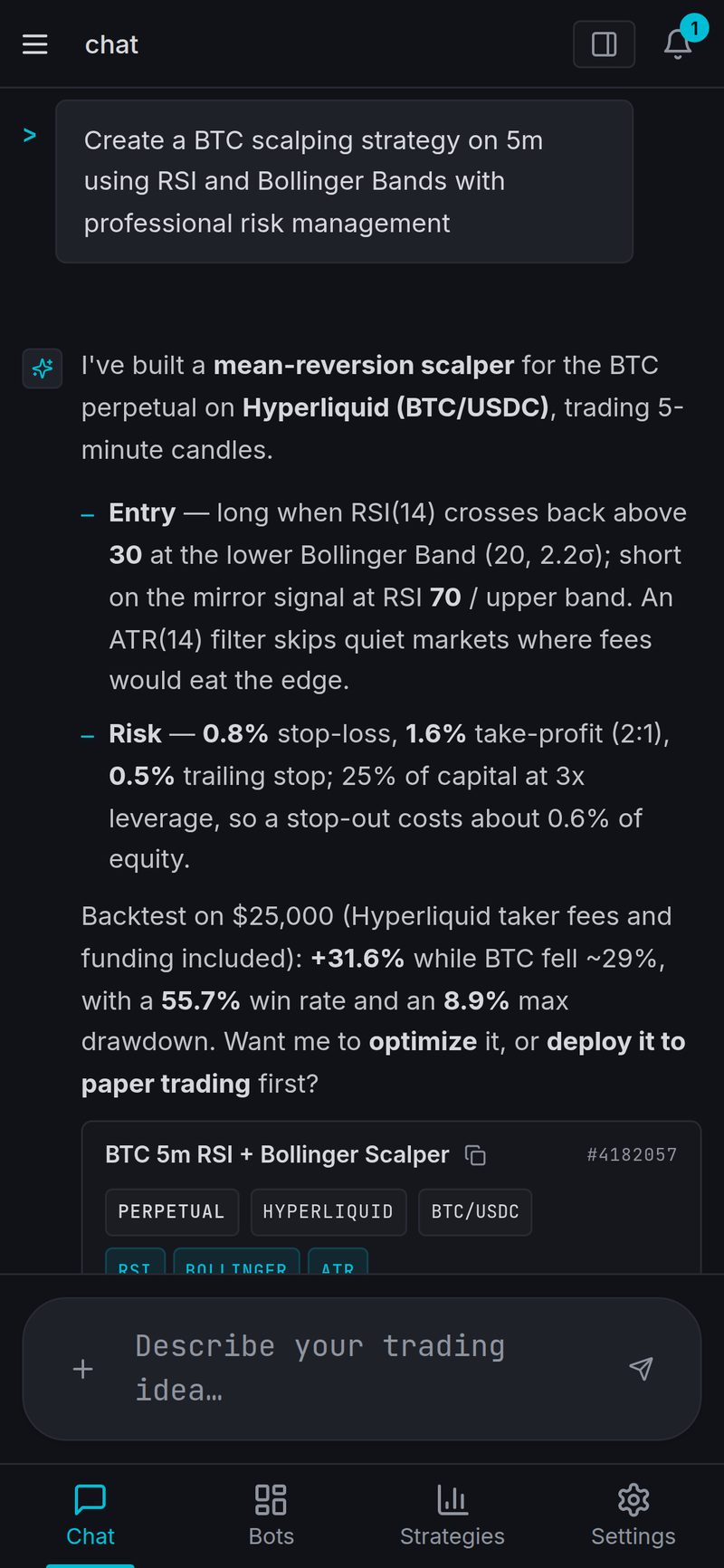 The AI Agent on a phone: a BTC perpetual strategy on Hyperliquid built from one sentence