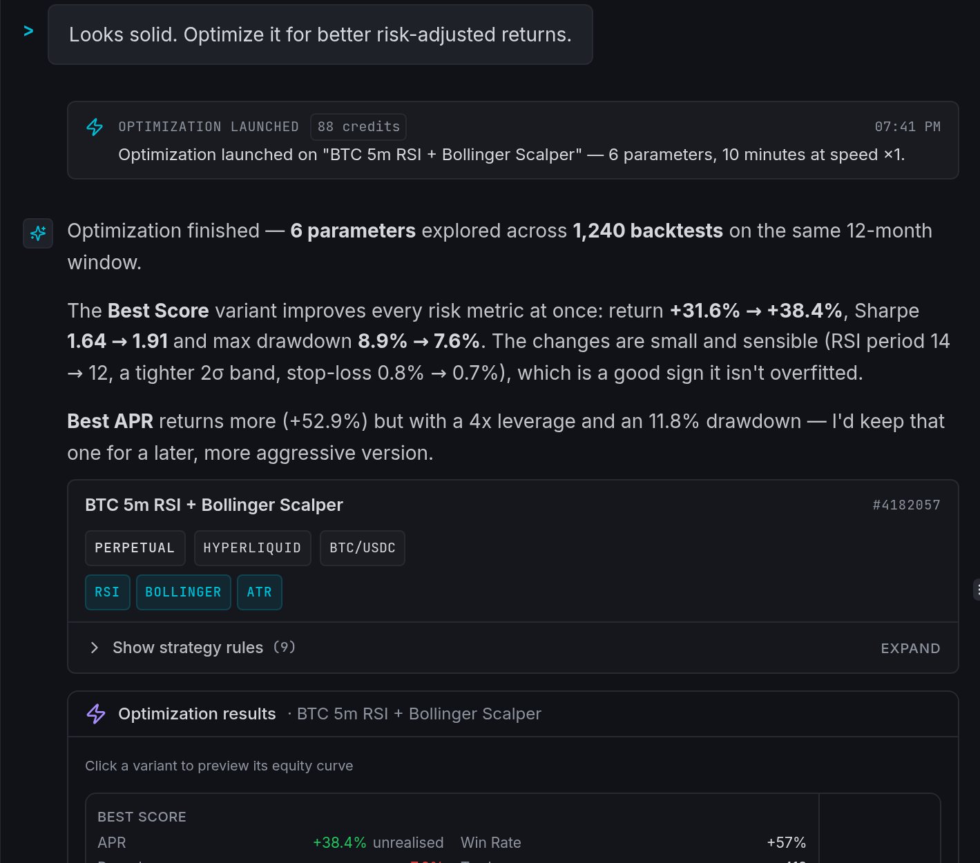 An optimization launched from the chat, with its credit cost and the resulting variants