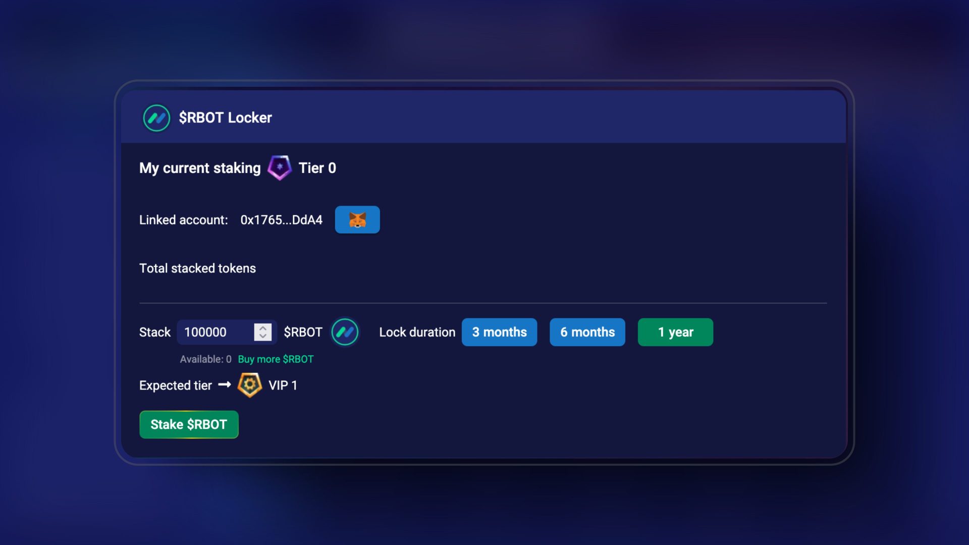 RBOT staking interface with wallet connection, lock duration options, and tier rewards.